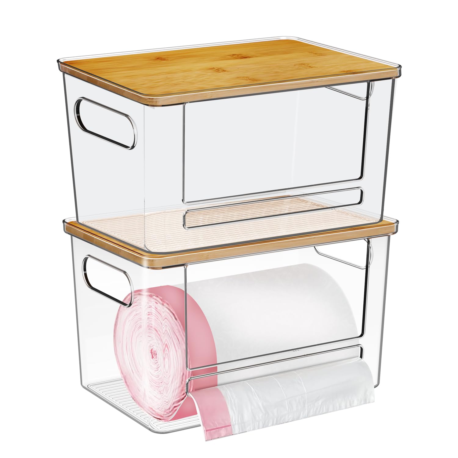 Trash Bag Dispenser 2 Pack, Acrylic Garbage Bag Dispenser With Bamboo Top, Extra Large Trash Bags Holder Dispensers Under Sink F