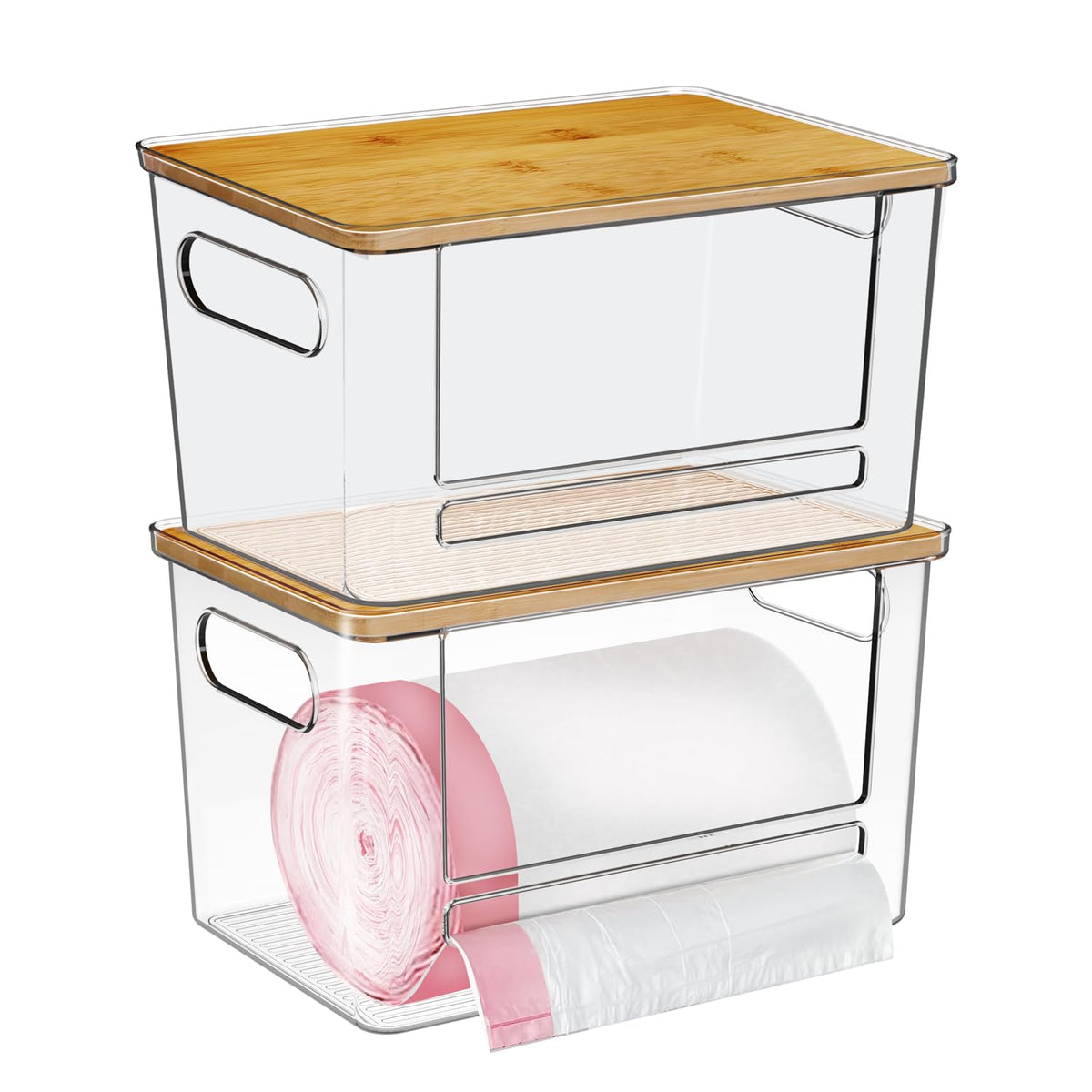 Trash Bag Dispenser 2 Pack, Acrylic Garbage Bag Dispenser With Bamboo Top, Extra Large Trash Bags Holder Dispensers Under Sink F