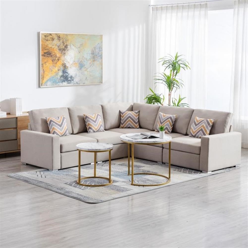 Lilola Home Nolan Beige Linen Fabric 5Pc Reversible Sectional Sofa with Pillows and Interchangeable Legs