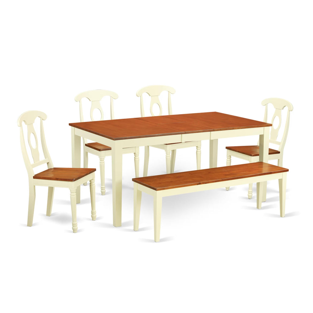 East West Furniture NIKE6-WHI-W 6 Piece Kitchen Set Contains a Rectangle Table with Butterfly Leaf and 4 Dining Room Chairs with a Bench, 36x66 Inch, Buttermilk & Cherry