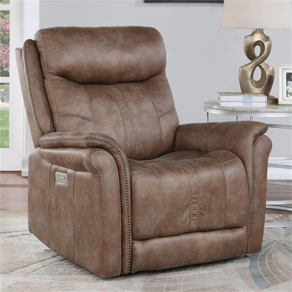 Steve Silver Furniture Morrison Dual-Power Recliner, Luxurious Camel Faux-Suede, Power Headrest, Power Footrest, Built-in USB Port, Traditional/Modern, 40" D x 37" W x 41" H, Brown/Carmel