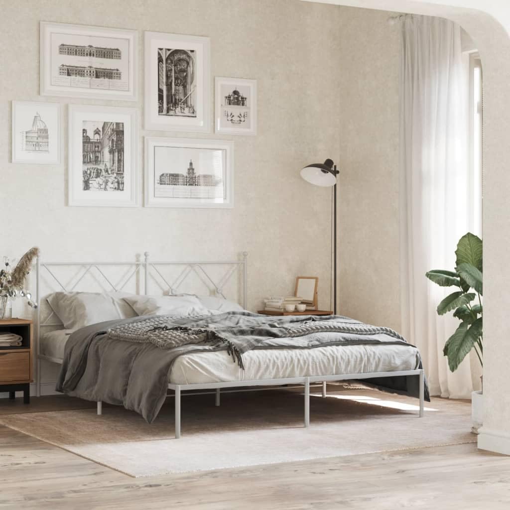 vidaXL Modern White Metal Bed Frame - Double Bed with Headboard, Steel Construction, Extra Underbed Storage Space - 59.1x78.7
