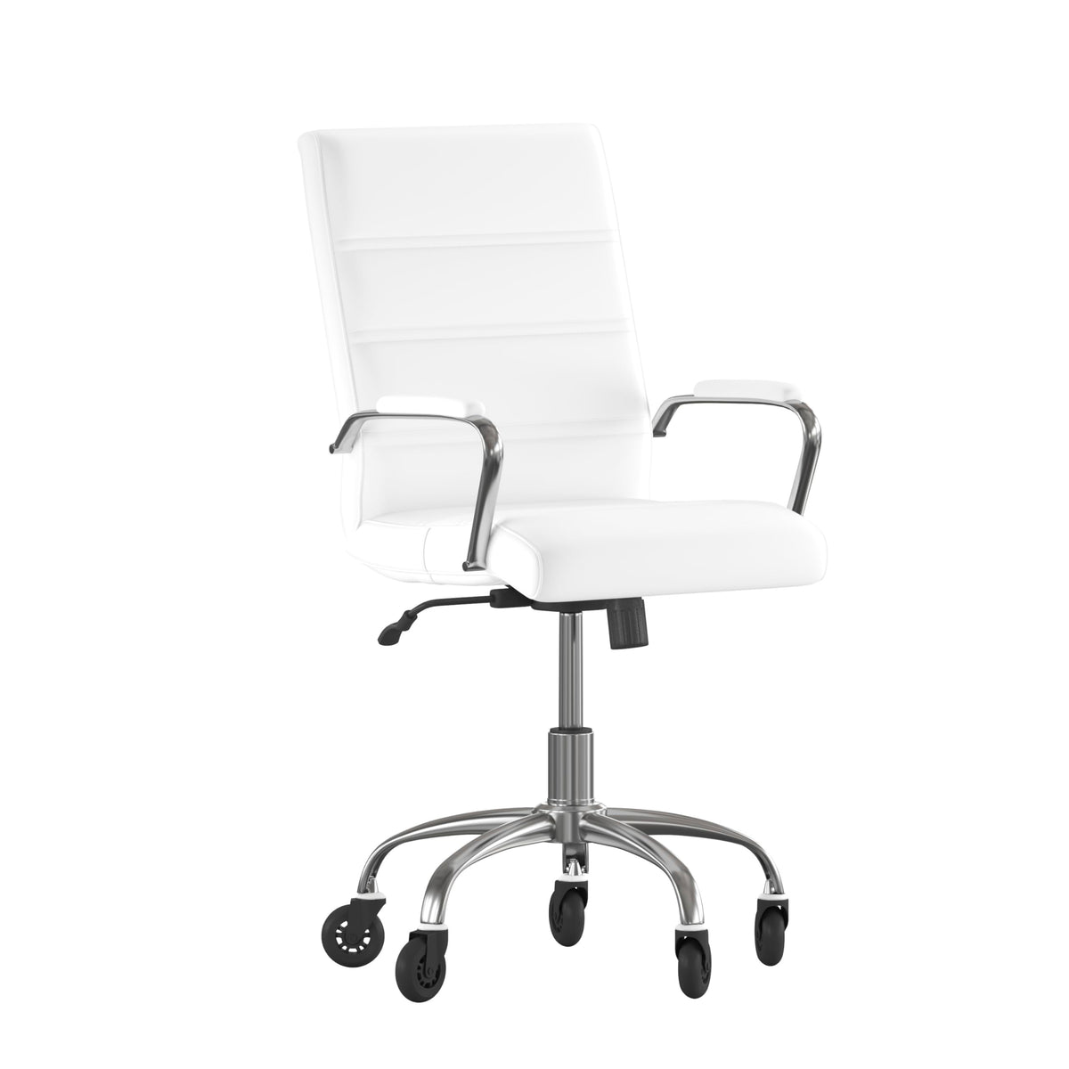 Flash Furniture Camilia Mid-Back White Leathersoft Executive Swivel Office Chair With Chrome Frame, Arms, And Transparent Roller Wheels