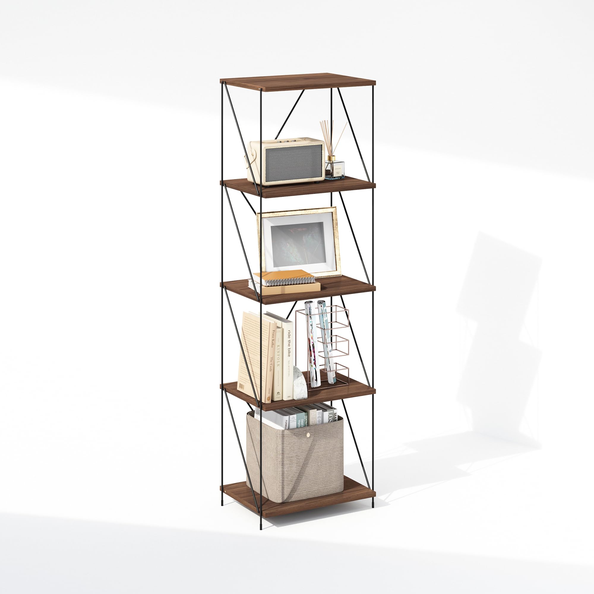 Furinno Wire 5-Tier Industrial Style Metal Frame Bookcase, Display Shelf, 16 Wide, Walnut Cove