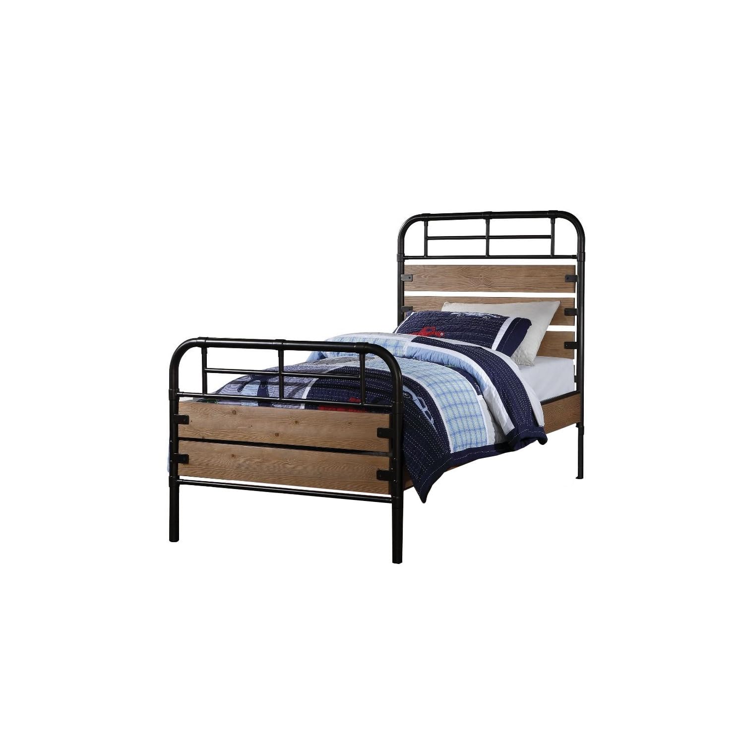 Benjara Industrial Style Metal and Wood Twin Size Bed with Slated Headboard, Black and Brown,