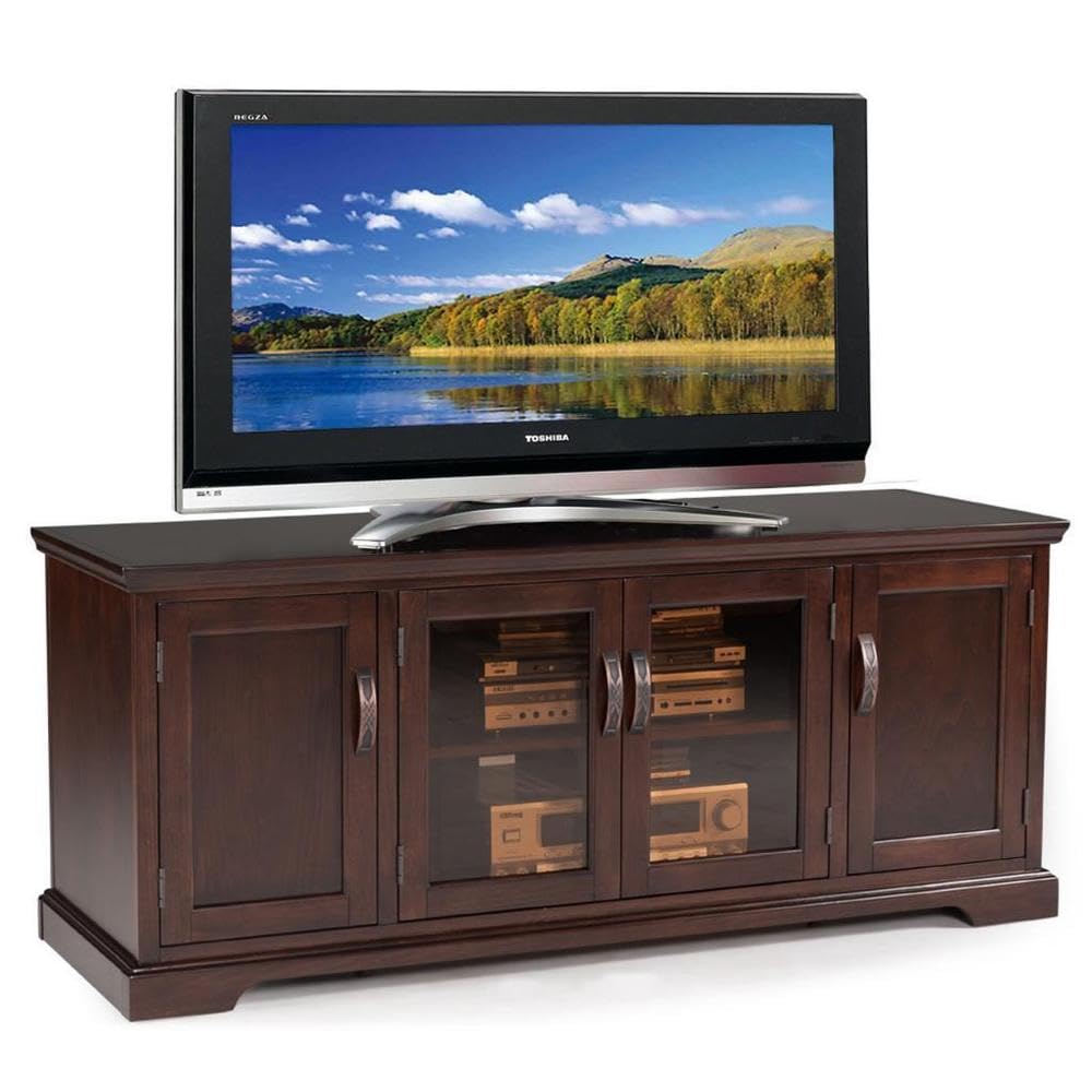 Leick Home 81360 Iverson Three Door TV Stand for 65 Inch TVs, 60 Inch, Chocolate Cherry Brown, Hardwood with Bronze Glass, Adjus