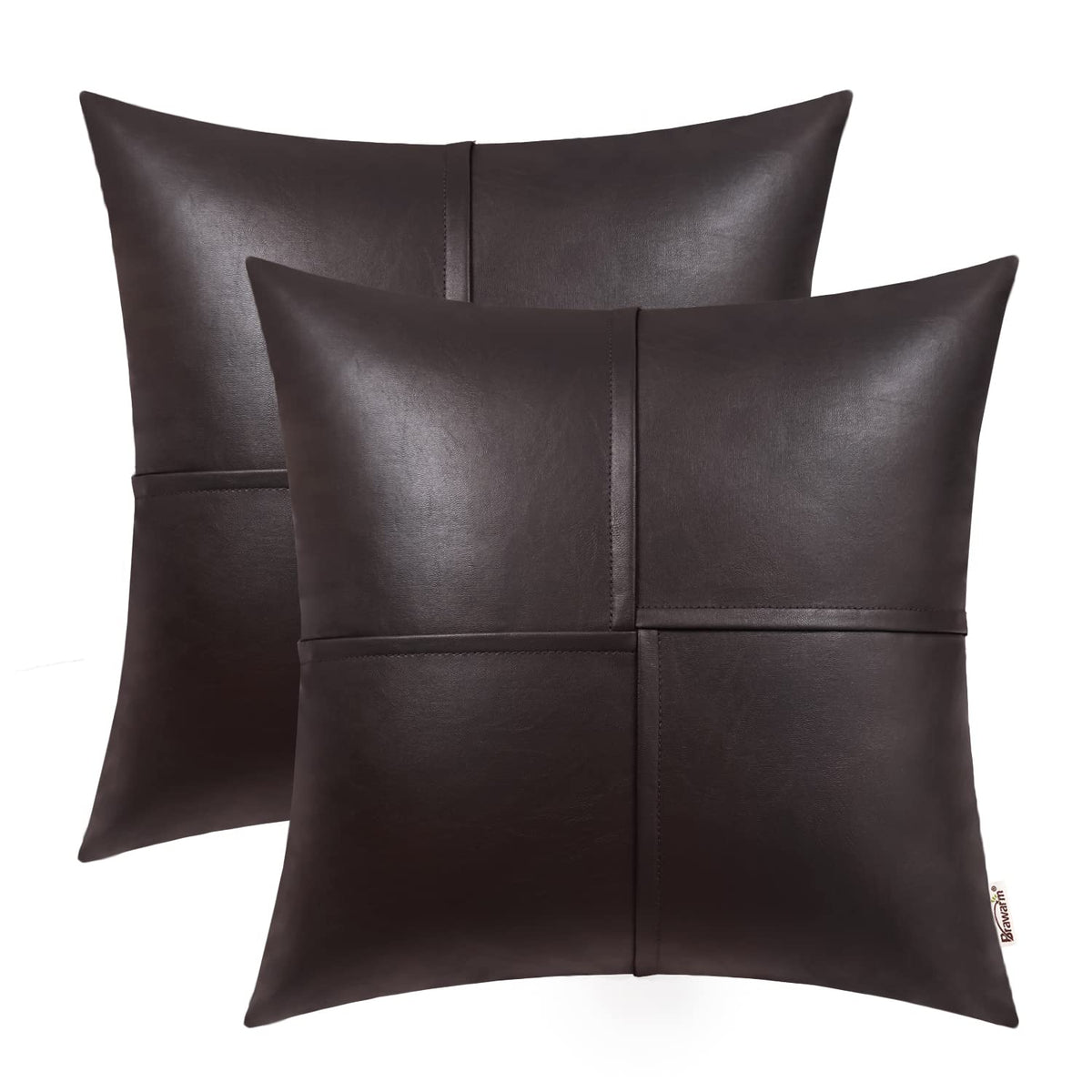 Brawarm Faux Leather Throw Pillow Covers 20 X 20 Inches, Brown Leather Pillow Covers Pack Of 2, Hand Stitched Leather Decorative