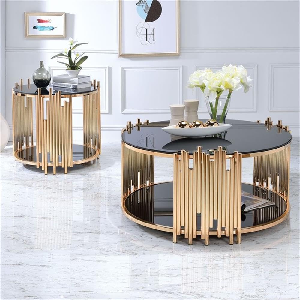 Acme Tanquin Round Glass Top End Table in Black Glass and Gold