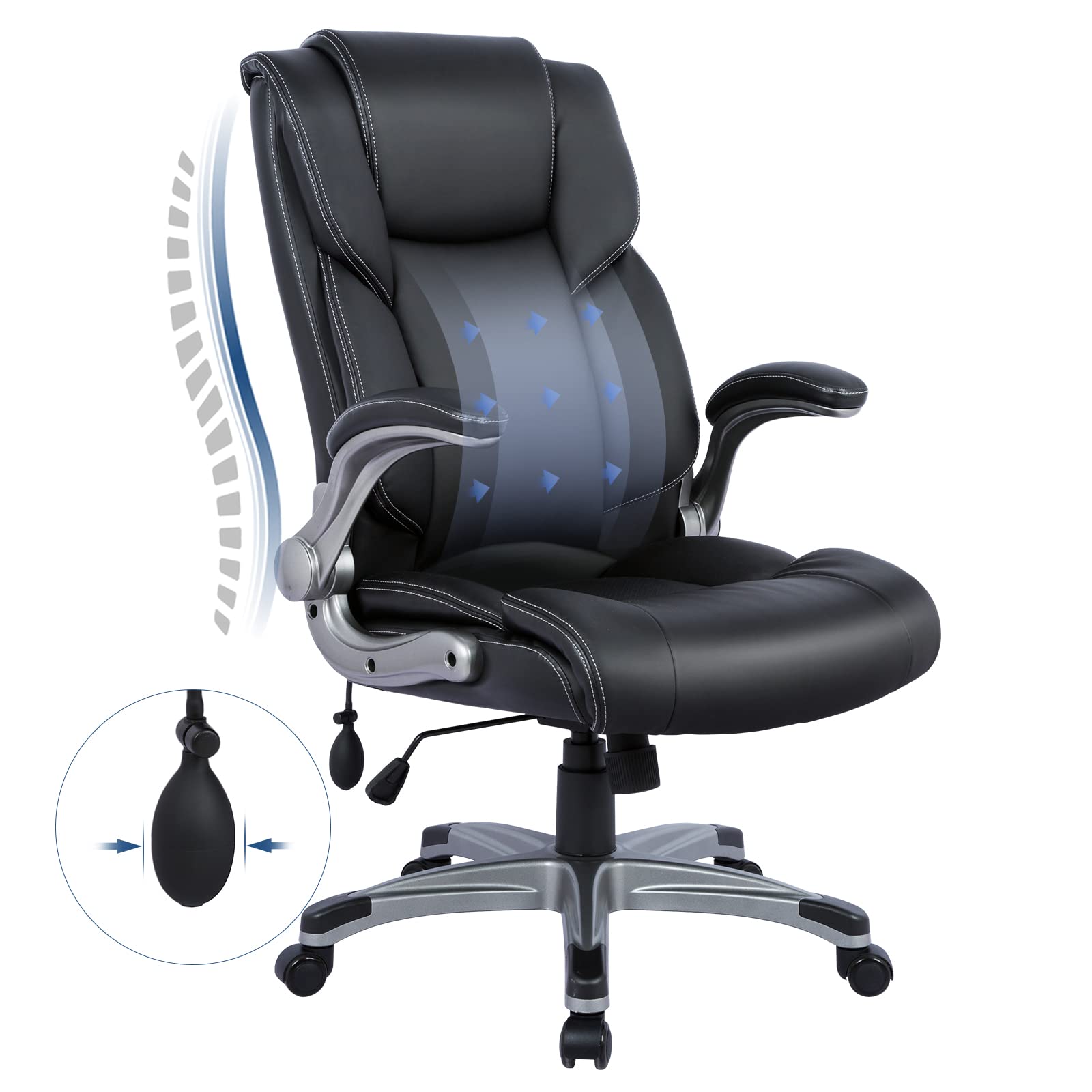 High Back Executive Office chair- Ergonomic Home computer Desk Leather chair with Padded Flip-up Arms, Adjustable Tilt Lock, Swi