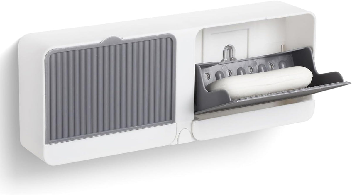 Wall Mounted Soap Holder Box with Dual Compartments and Adhesive Mount