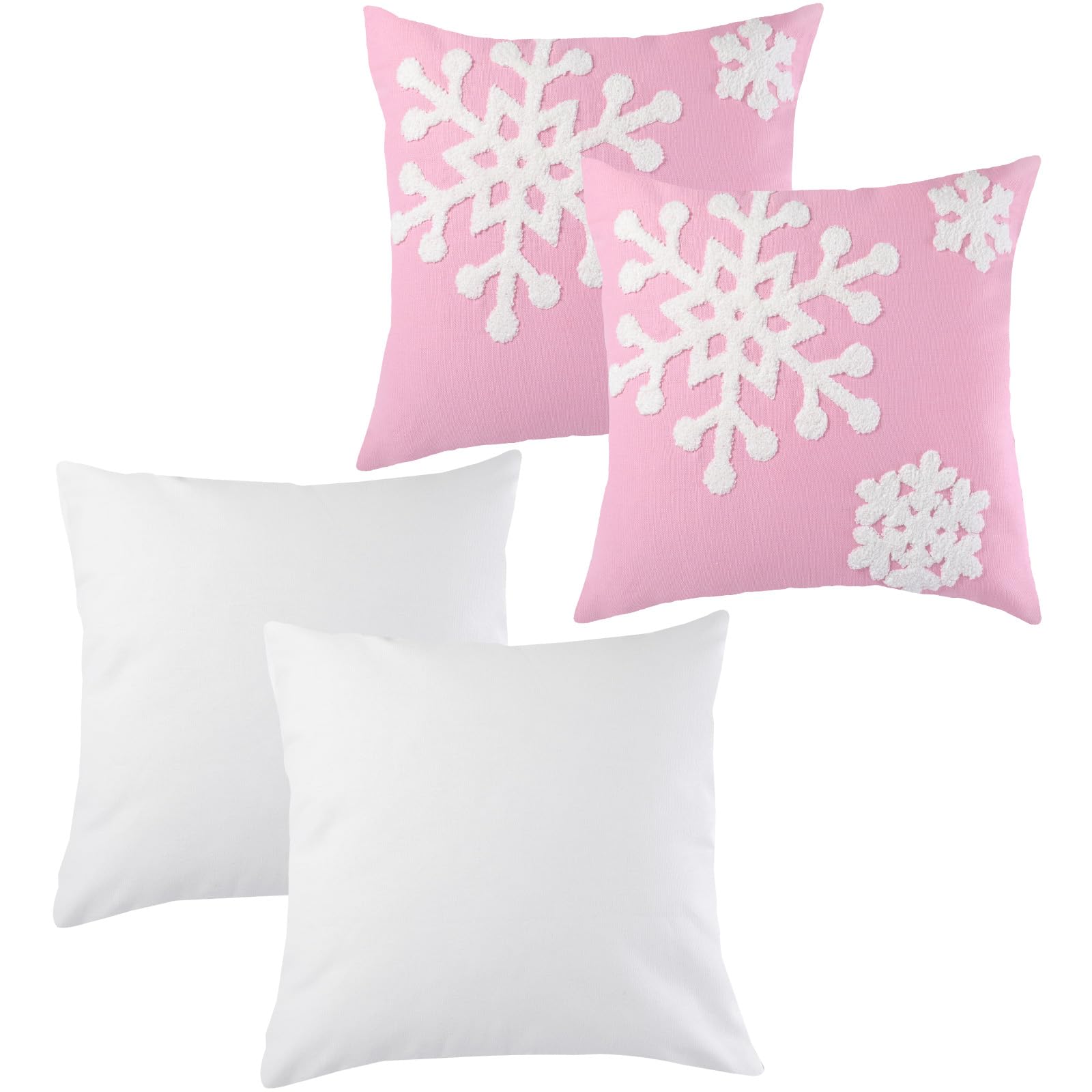 Tatuo 4 Pcs Christmas Pillow Covers Pink and White Pillow Cases Soft Snowflake Throw Pillowcases 18 x 18 Square Xmas Gift Deco