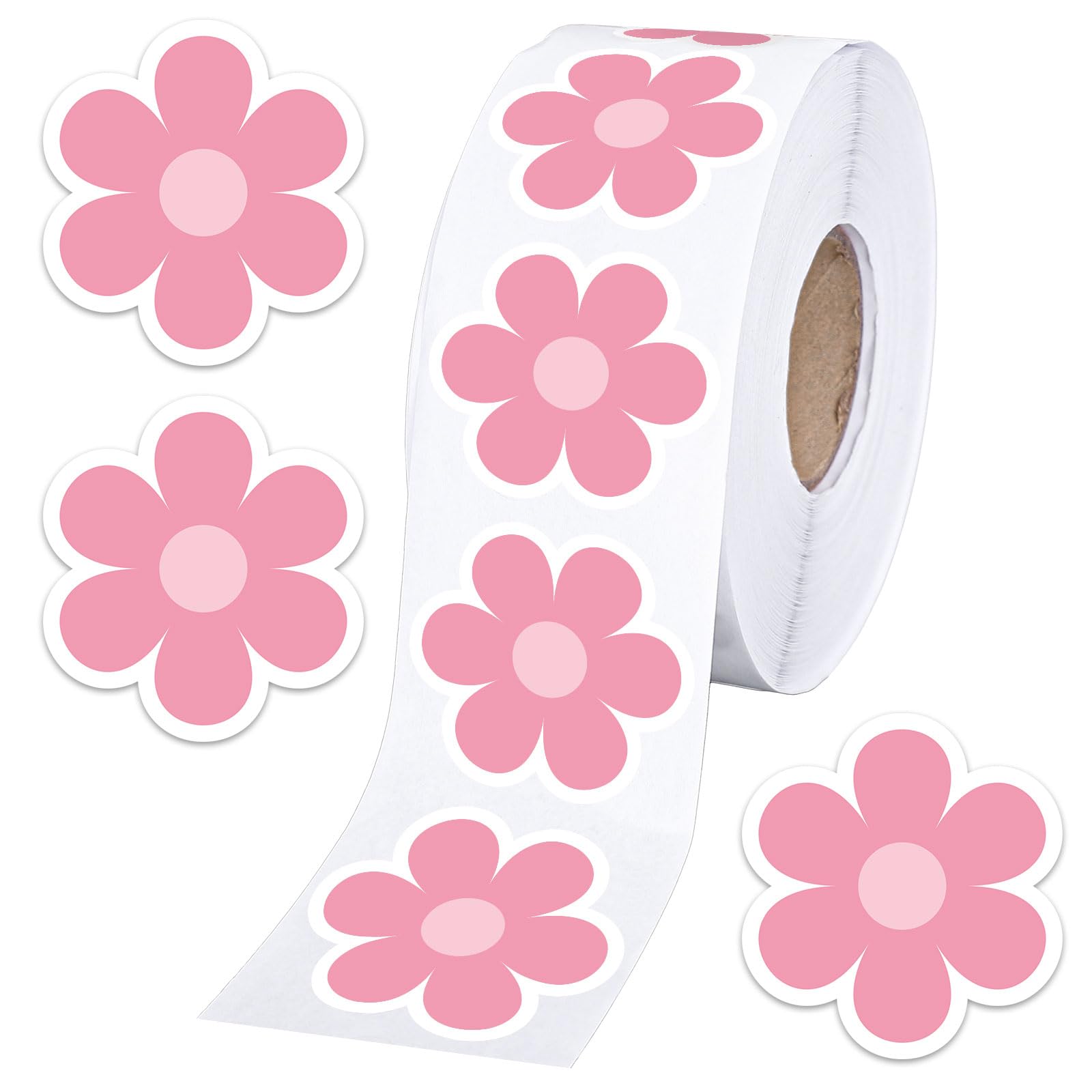 Whaline 1000Pcs Boho Daisy Stickers Pink Preppy Daisy Shaped Roll Stickers Hippie Groovy Flower Patterns Self-Adhesive Decals Re
