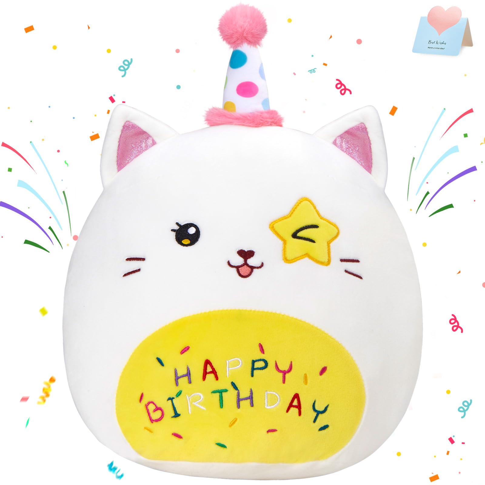 Cozyworld 16' Birthday Cat Plush Pillow Stuffed Animals Original Wink Kitty Kitten Large Plushie Cuddle Squishy Happy Birthday
