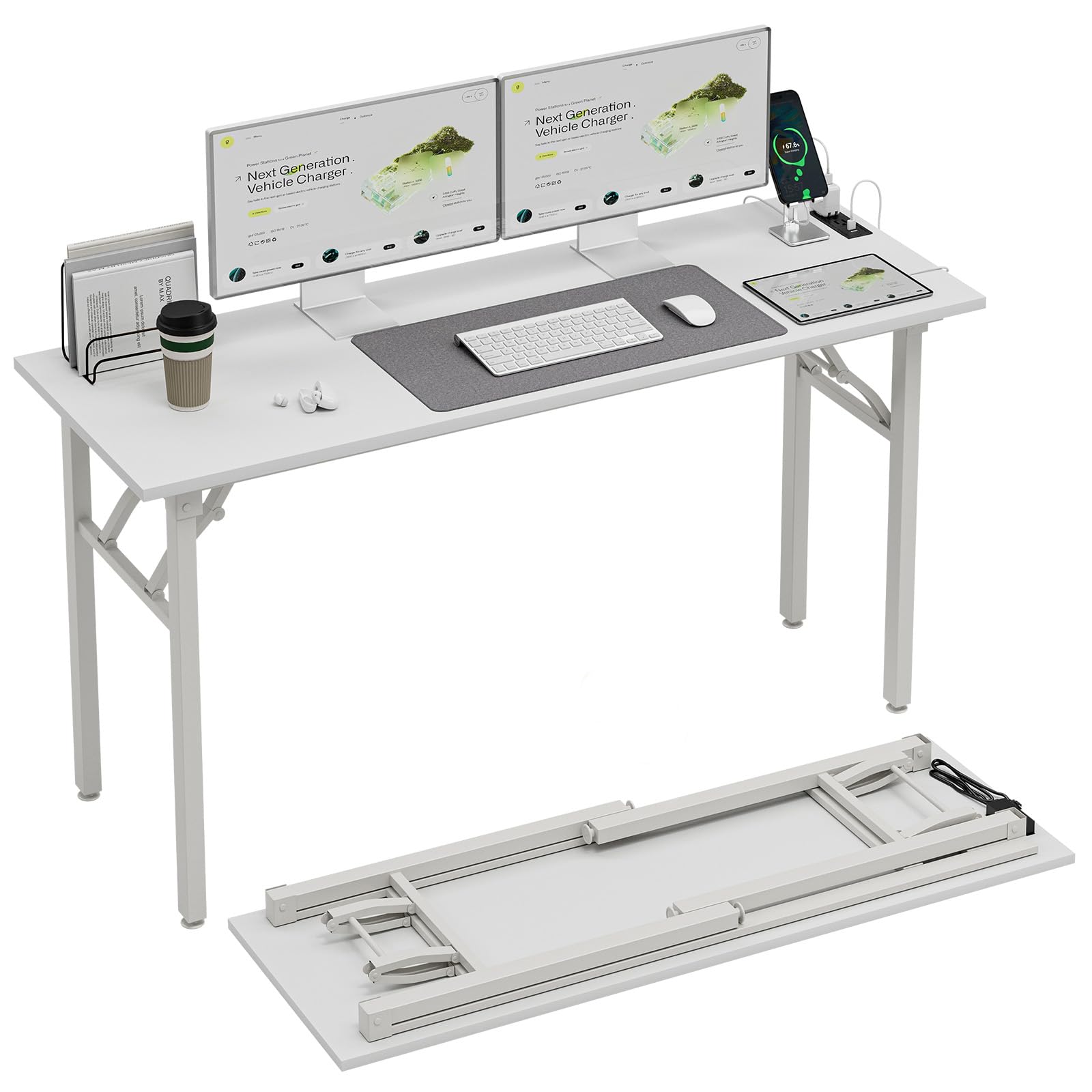 TEMI Long Computer Desk Folding Table - No Assembly, Compact 55.1 Foldable Desk with Power Outlets & USB Charging Port, Portable