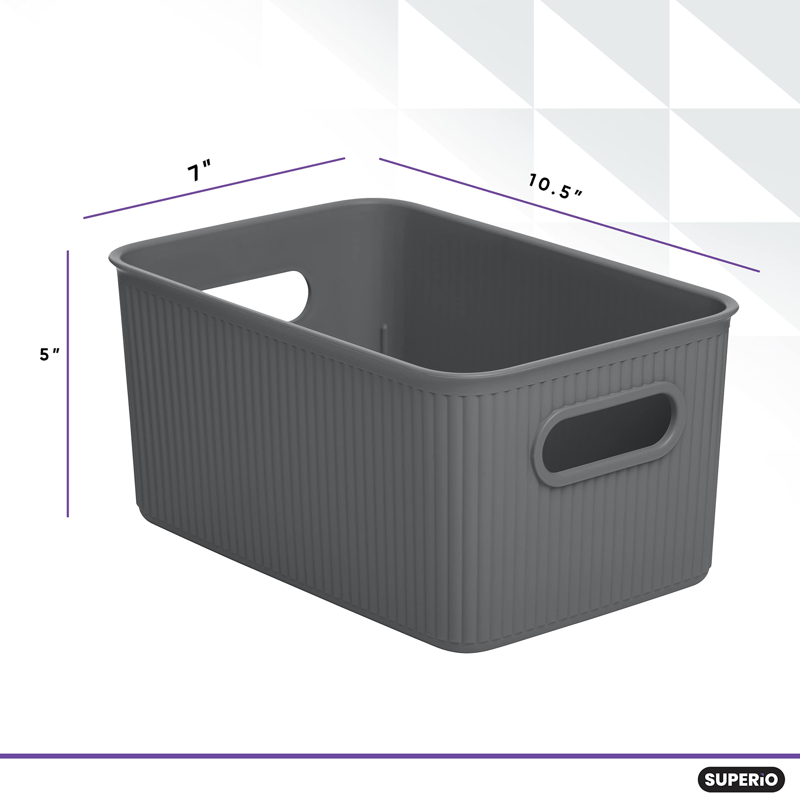 Superio Ribbed Collection - Decorative Plastic Lidded Home Storage Bins Organizer Baskets, Medium Grey (1 Pack - 5 Liter) Stacka