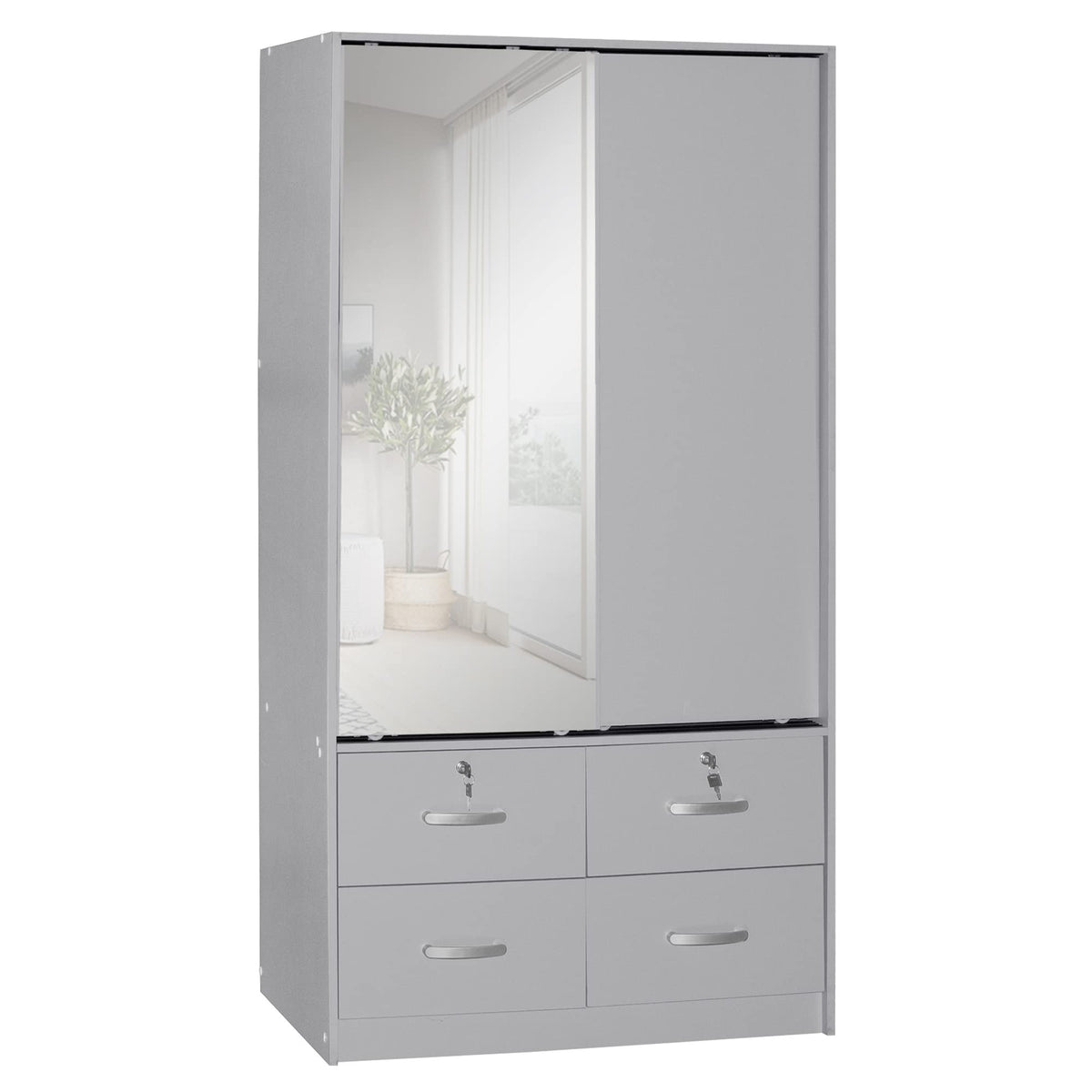 Better Home Products Sarah Double Sliding Door Armoire with Mirror in Light Gray