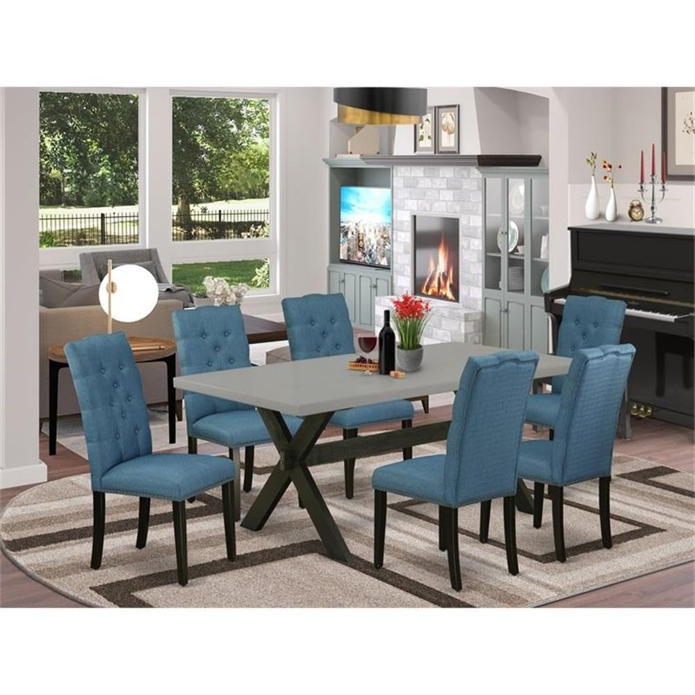 East West Furniture X697El121-7 7 Piece Dining Table Set Consist Of A Rectangle Dining Room Table With X-Legs And 6 Blue Linen Fabric Upholstered Chairs, 40X72 Inch, Multi-Color
