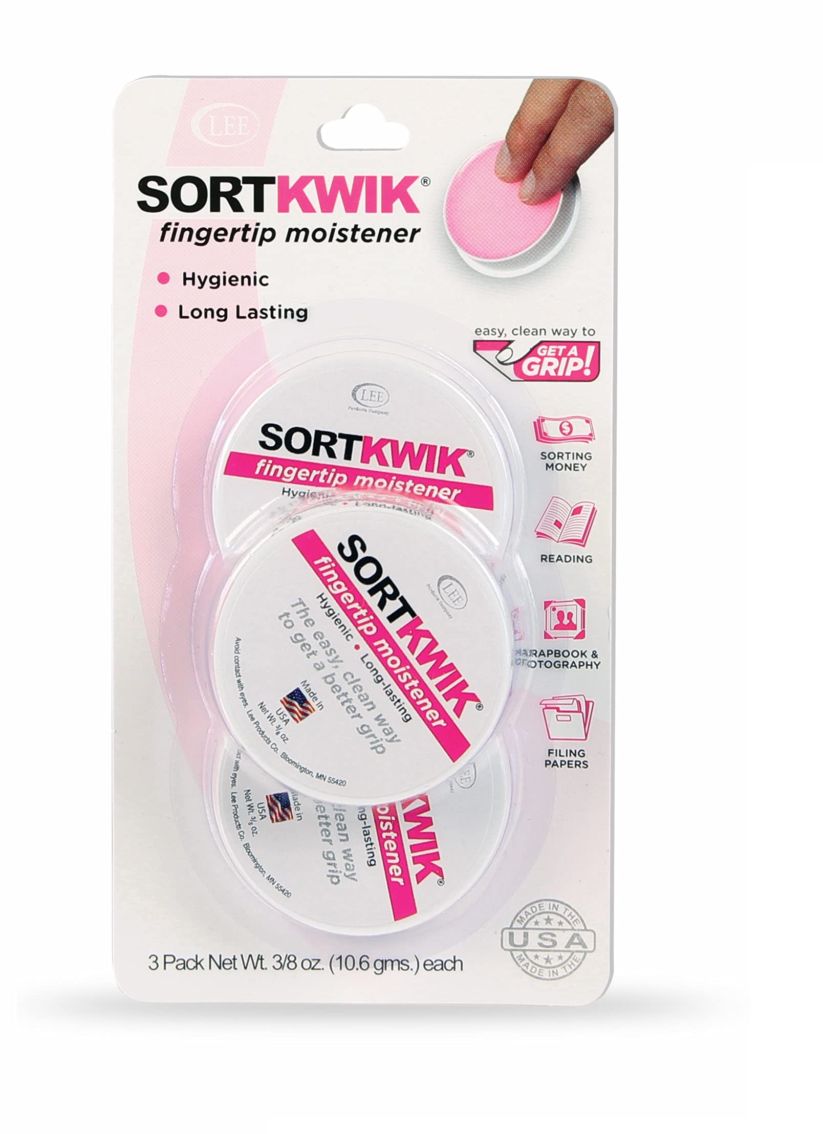 Lee 20053 Sortkwik Fingertip Moisteners, 3/8 Oz, Pink (Pack Of 3)