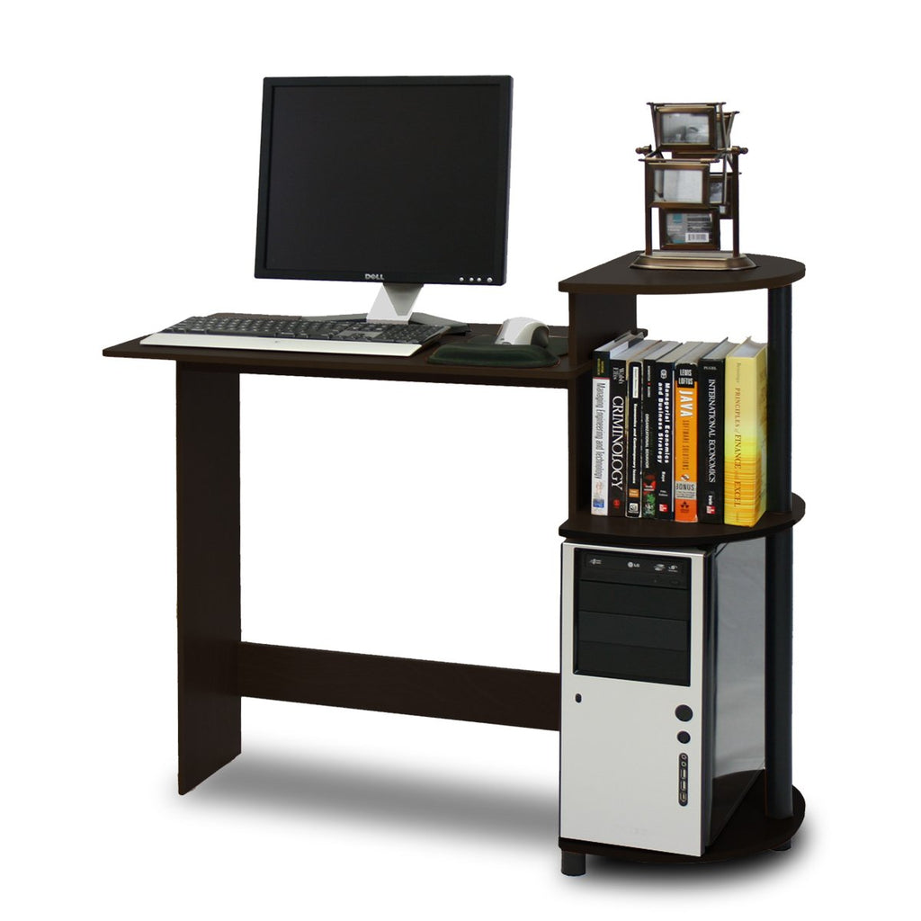Furinno Compact Computer Desk with Shelves, Round Side, Espresso/Black