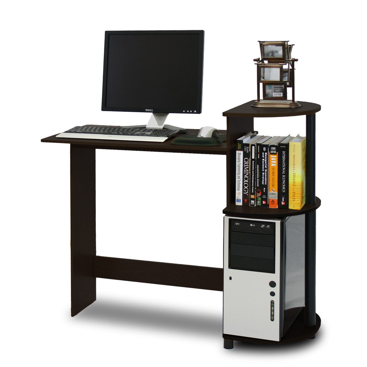 Furinno Compact Computer Desk with Shelves, Round Side, Espresso/Black