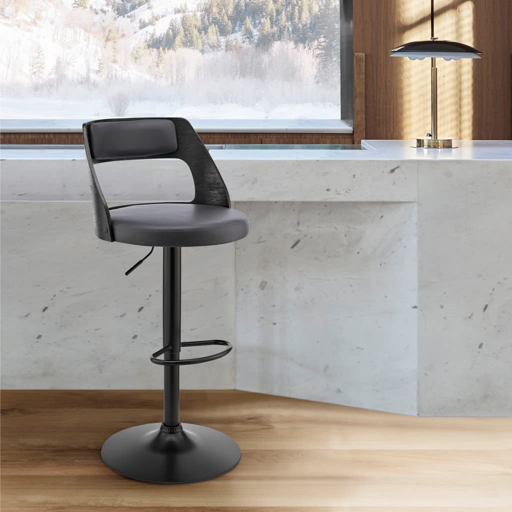HomeRoots Poplar bentwood/Metal/Faux Leather/Foam Gray Upholstered Black Base Adjustable Swivel Bar Stool
