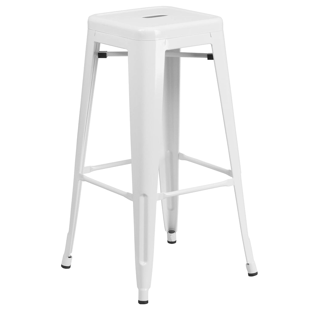 Flash Furniture Commercial Grade 30" Round White Metal Indoor-Outdoor Bar Table Set with 2 Square Seat Backless Stools
