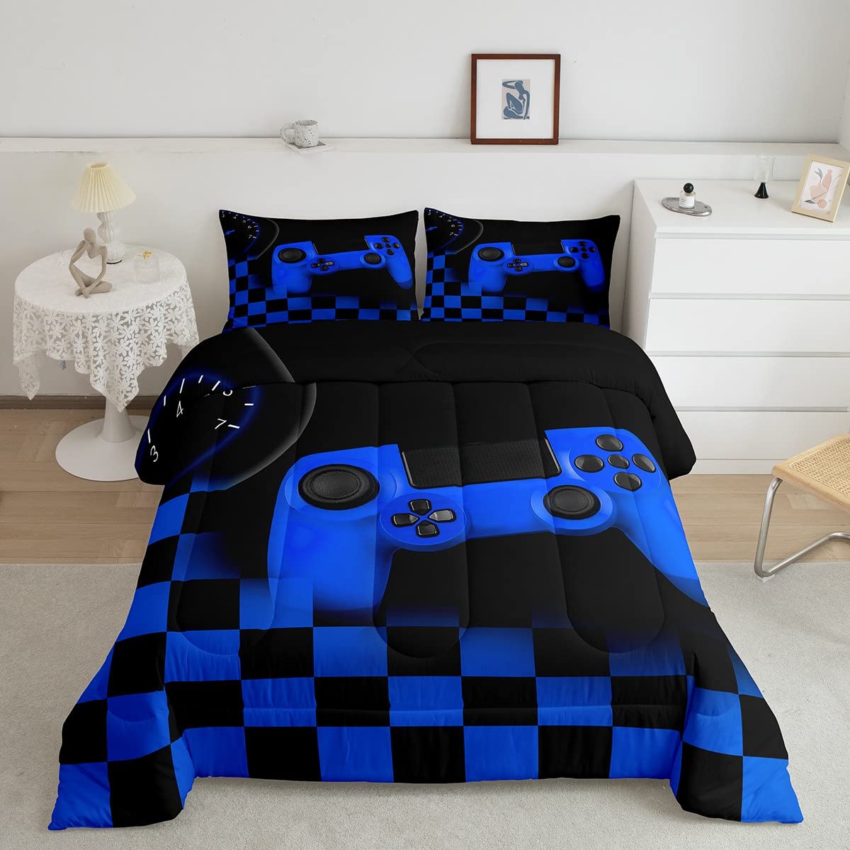 Gaming Comforter Set For Boys Bedroom Decor Full,Buffalo Plaid Check Novelty Bedding Set Microfiber Soft,Blue Game Reversible Be