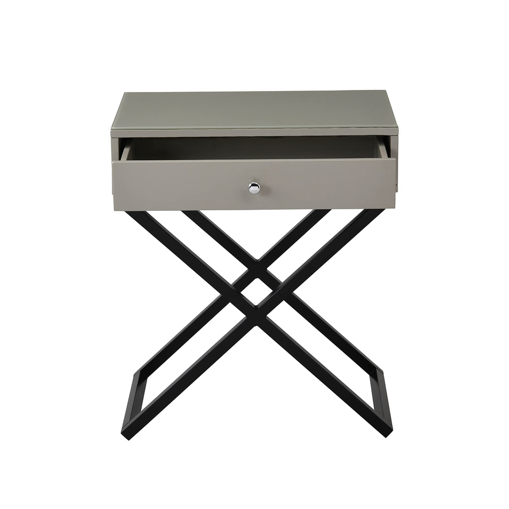 Lilola Home Koda Taupe Wooden End Side Table Nightstand with Glass Top, Drawer and Metal Cross Base