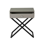 Lilola Home Koda Taupe Wooden End Side Table Nightstand with Glass Top, Drawer and Metal Cross Base