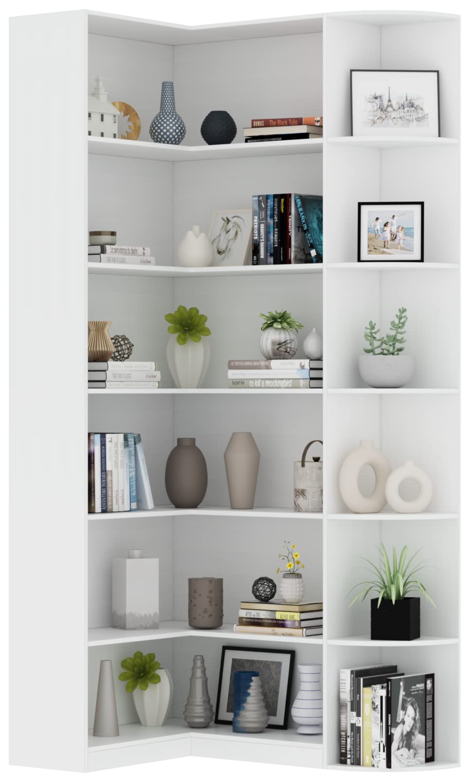 Loomie White Book Shelf, 6 Tiers Shelf Large Tall Corner Etagere Bookcase with Full Baffle, L-Shaped Modern Storage Display Indu