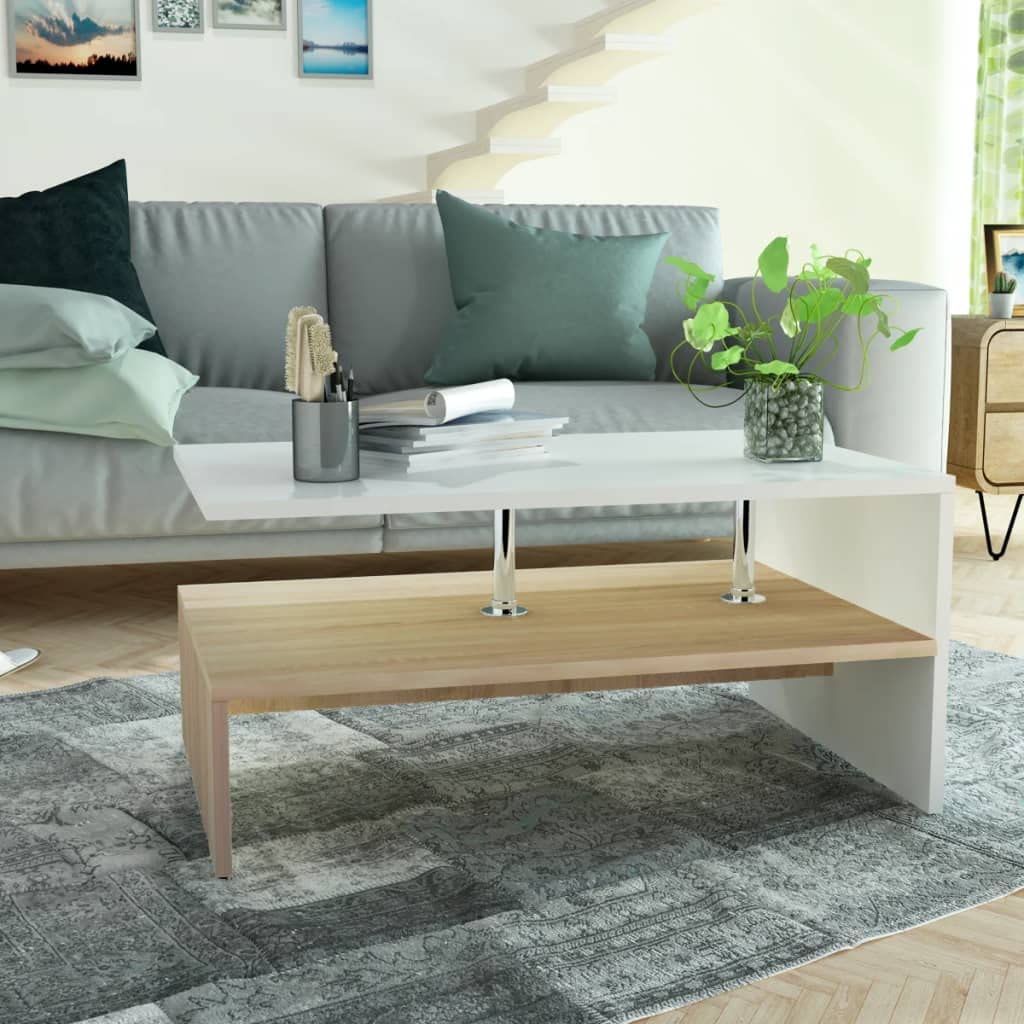 vidaXL Modern Two-Tier Coffee Table with Storage in Oak and White - Stylish Engineered Wood Furniture Piece with Steel Supports