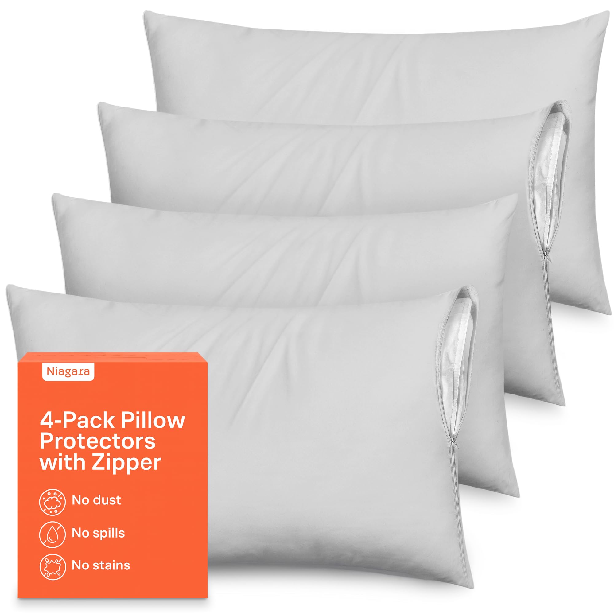 Ultra Soft Pillow Protectors with Zipper King Size - Set of 4 Breathable Pillow Covers - 100% Protection Against Stains, Dust & 
