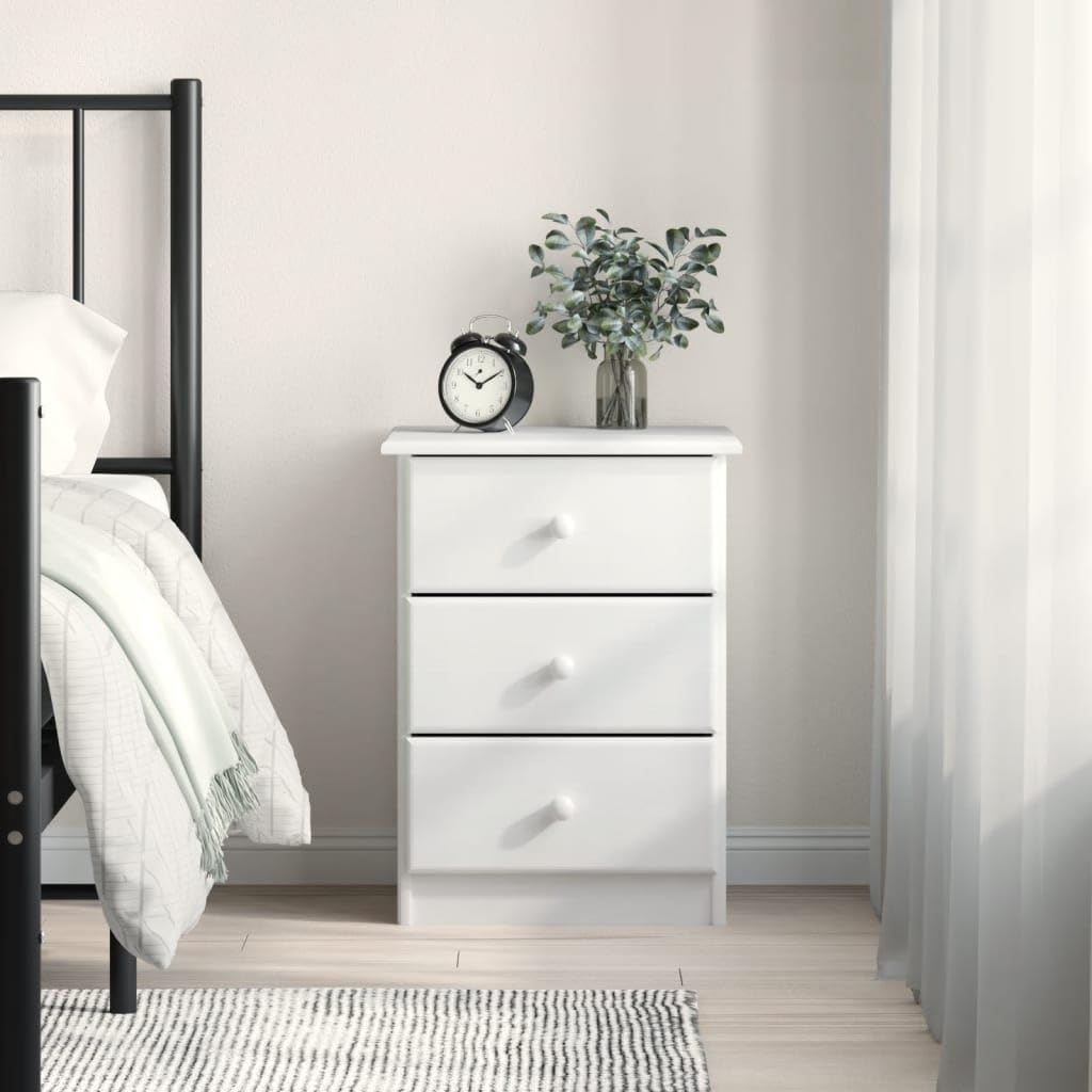 vidaXL ALTA Bedside Cabinet - White, Solid Pine Wood Construction with 3 Drawers, Easy Maintenance, Ideal Bedroom Furniture