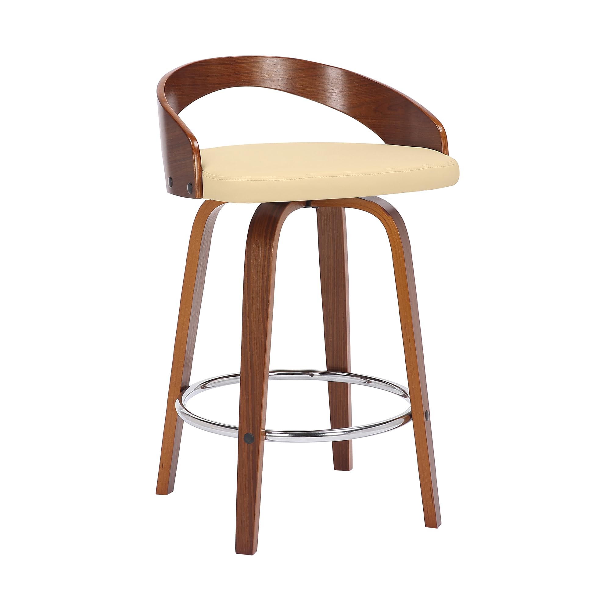Armen Living Sonia Mid Century Modern Swivel Bar Stool for Kitchen Island Counter in Cream Faux Leather and Walnut Wood, 26 Seat