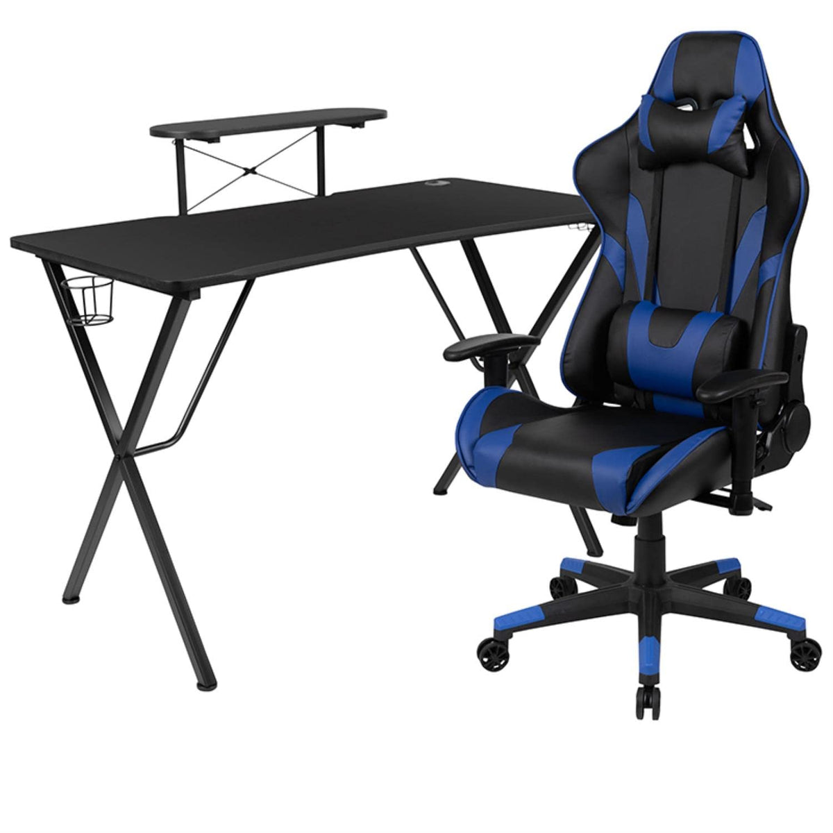 Flash Furniture Optis Black Gaming Desk And Blue Reclining Gaming Chair Set With Cup Holder, Headphone Hook, And Monitor/Smartphone Stand