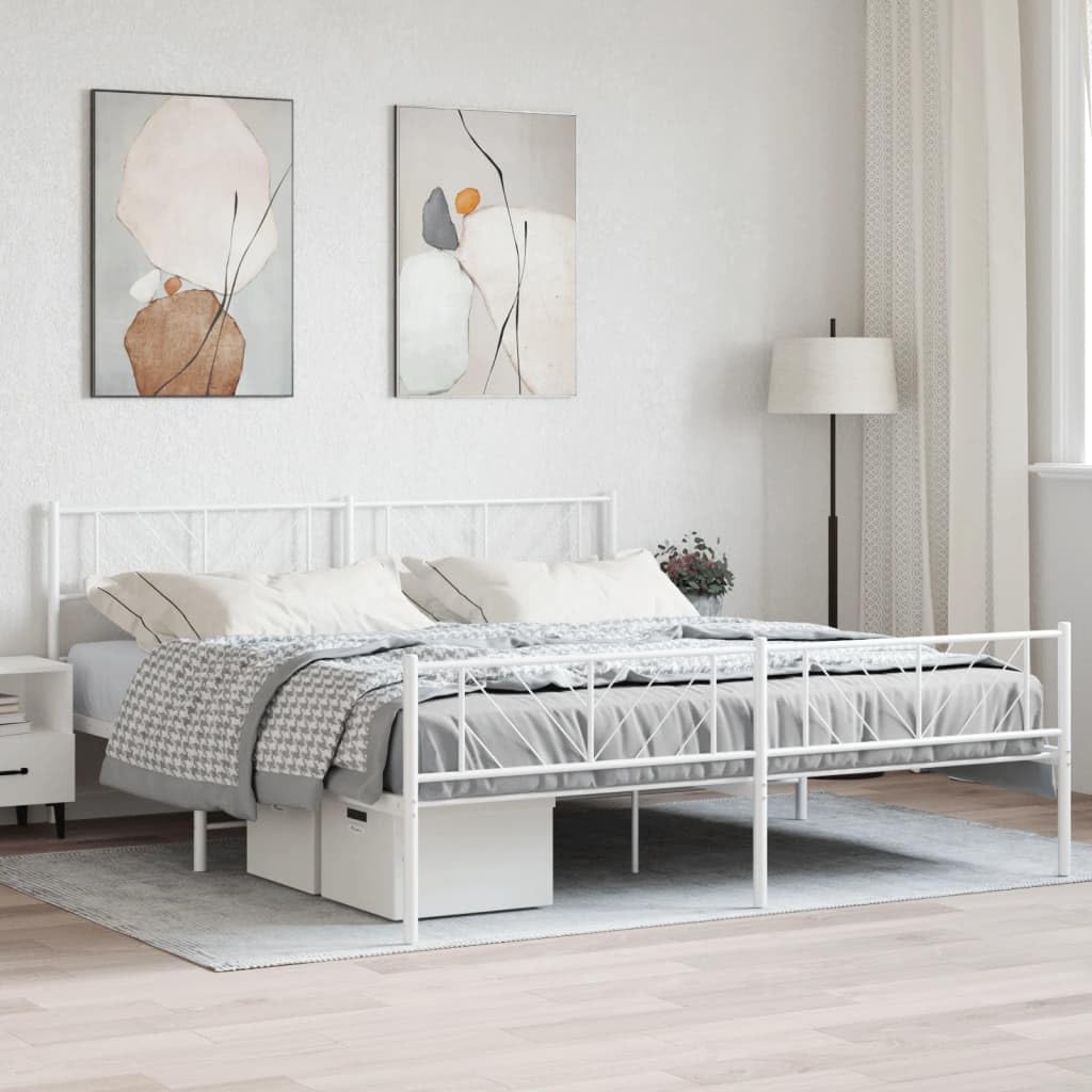 vidaXL King Metal Bed Frame with Headboard and Footboard, Under Bed Storage Space, Sturdy Steel Construction and Easy Assembly, Minimalist Style, White, 12'' High, Without Mattress