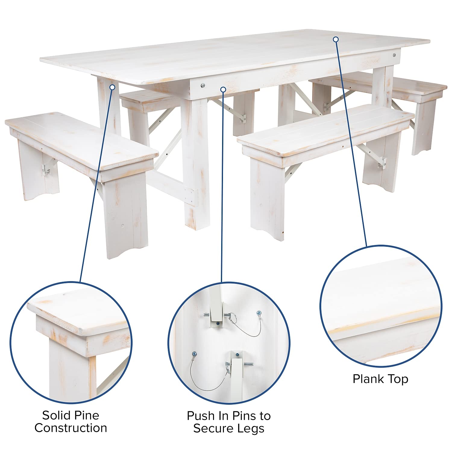 Flash Furniture Hercules Series 7' X 40&quot; Antique Rustic White Folding Farm Table And Four Bench Set