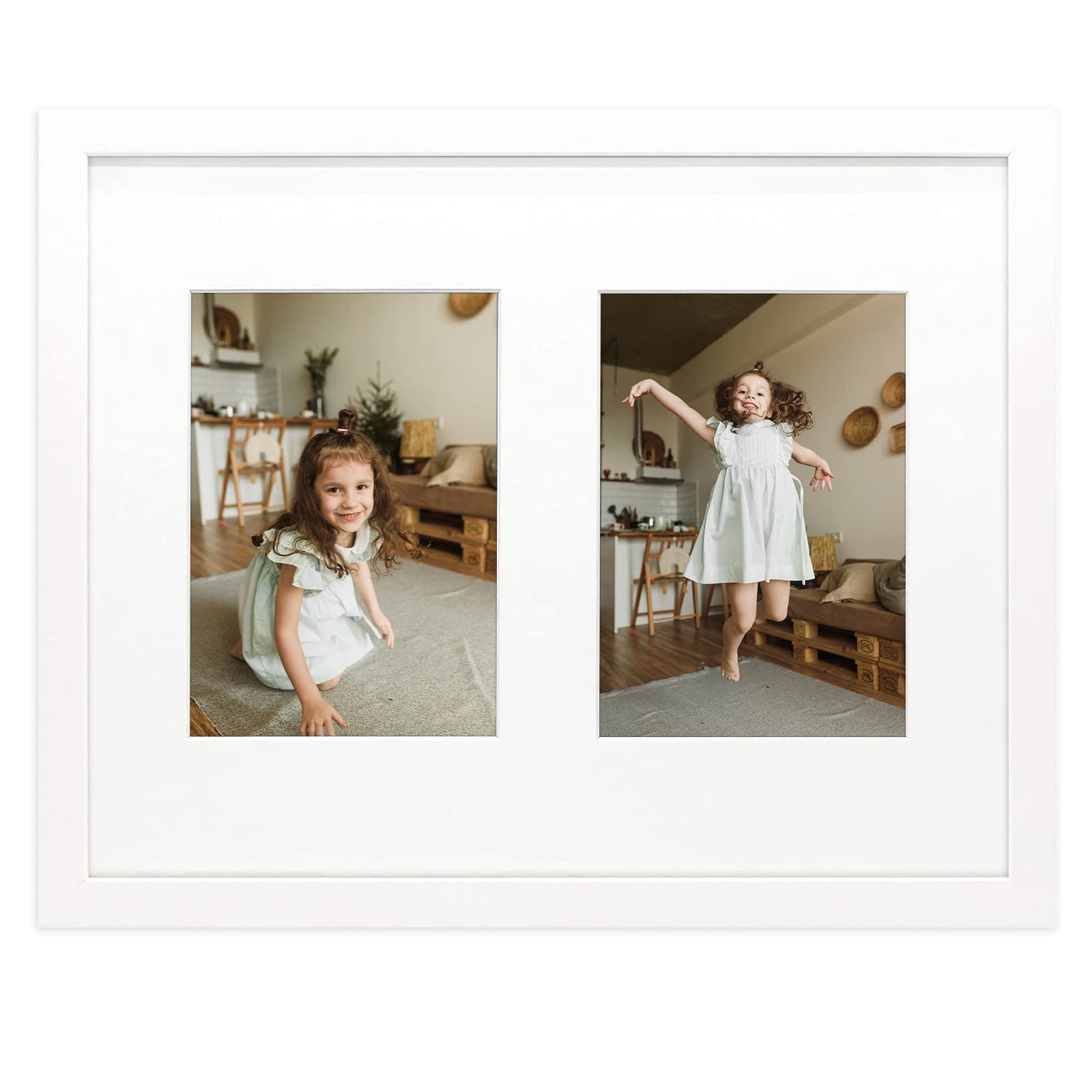 Golden State Art, 11x14 White Wood Frame with White Mat - Displays Two 5x7 Photos - Tempered Glass, Sawtooth Hangers, Swivel Tab