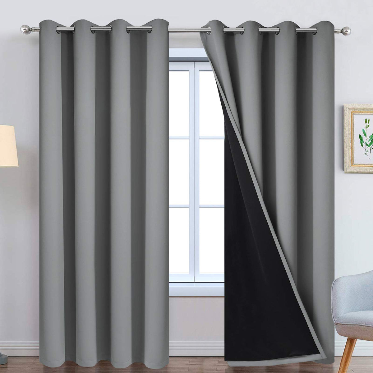 Yakamok 100% Blackout Curtains 96 Inches Long, Total Blackout Lined Curtain Panels For Bedroom, 2 Thick Layers Grommet Top Therm