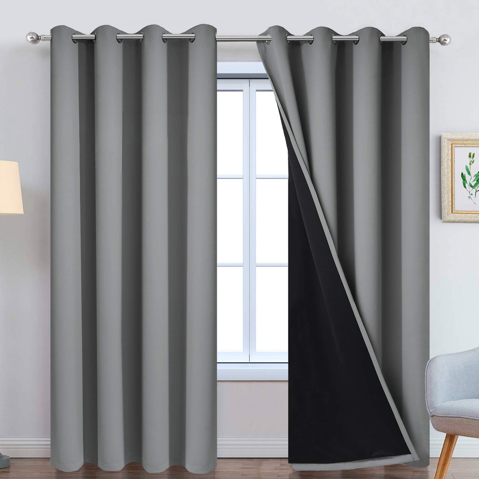 Yakamok 100% Blackout Curtains 96 Inches Long, Total Blackout Lined Curtain Panels For Bedroom, 2 Thick Layers Grommet Top Therm