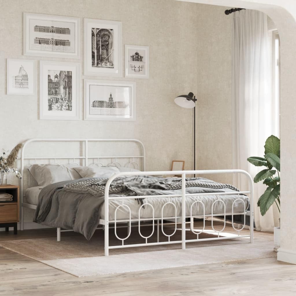 vidaXL Double Bed Frame with Headboard/Footboard - Steel Frame and Metal Slats - White - Storage Space - Bedroom Furniture - 81.5"x61.4"x39.4"