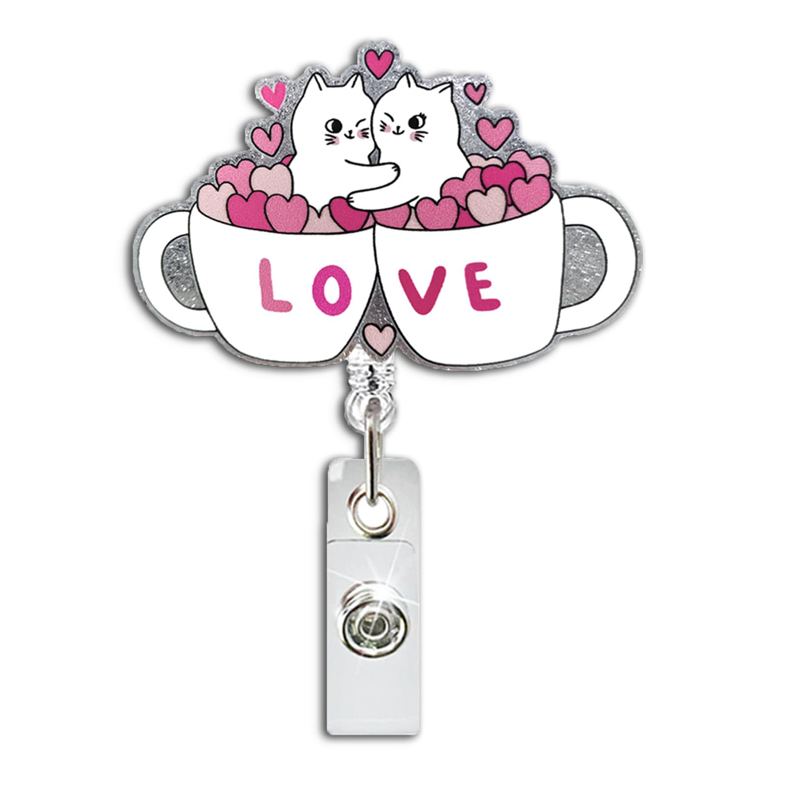 Valentines Day Loving Couple Cat Cup Retractable Badge Holder Valentines Cute Retractable Badge Reel Cute Cat Name Tag Acrylic A