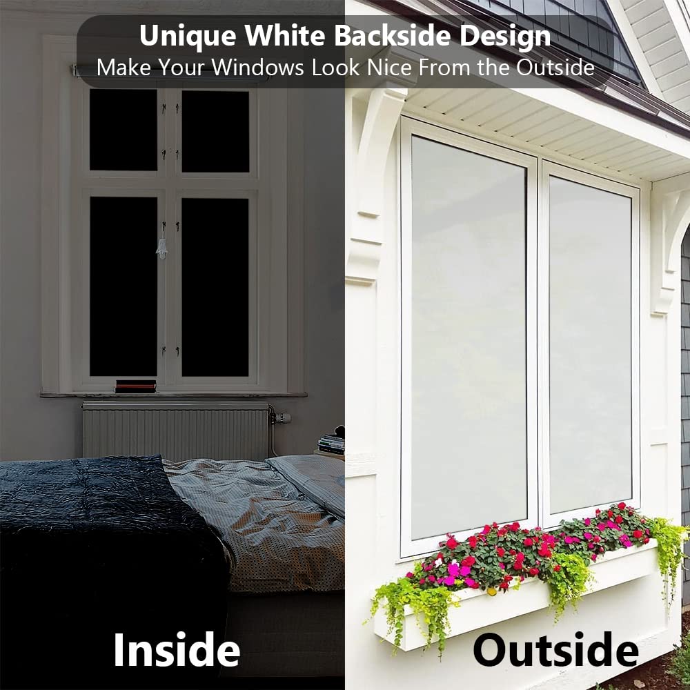 Finnez Blackwhiteout Window Film Privacy, No Glue Static Cling, Anti Uv, 100% Light Blocking Black Window Film For Home Or Offic