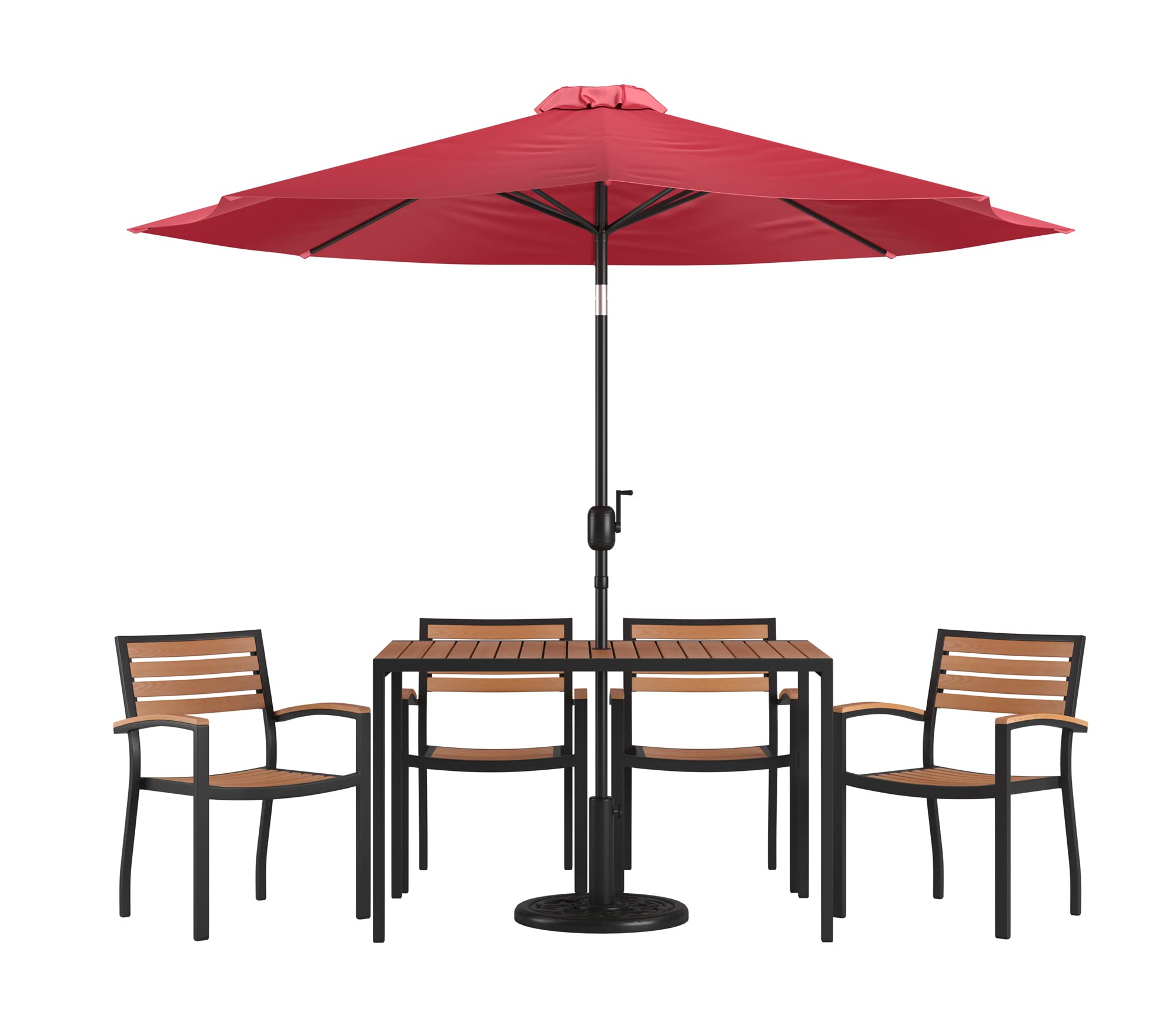 Flash Furniture Lark 7 Piece Outdoor Patio Dining Table Set - 4 Synthetic Teak Stackable Chairs with Arms - 30&quot; x 48&quot; Table - Red Umbrella with Base