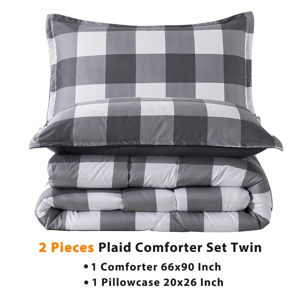 Andency Light Gray Plaid Comforter Twin(66X90 Inch), 2 Pieces(1 Plaid Comforter And 1 Pillowcase) Buffalo Check Plaid Comforter