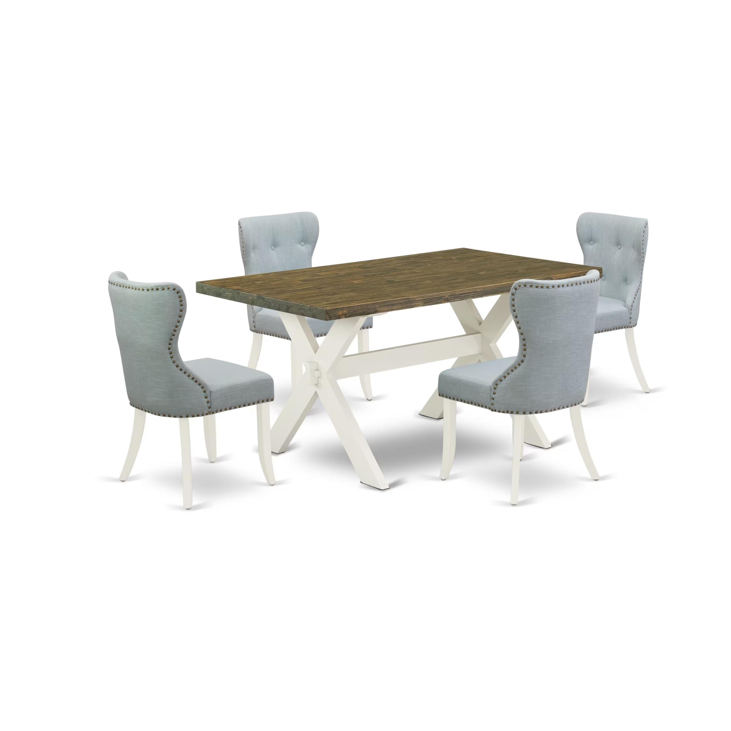 East West Furniture X076Si215-5 5 Piece Dining Room Table Set Includes A Rectangle Dining Table With X-Legs And 4 Baby Blue Linen Fabric Upholstered Parson Chairs, 36X60 Inch, Multi-Color