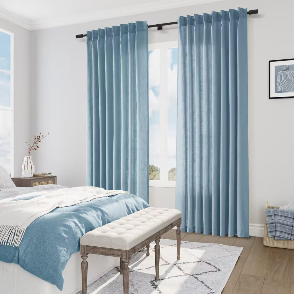 Joywell Linen Blend Pinch Pleated Curtains 90 Inch Long,Back Tab Clip Rings Semi Sheer Light Filtering Window Drapes Soft Lightweight With Hooks For Bedroom Living Room,W50 X L90,Blue,2 Panels Set
