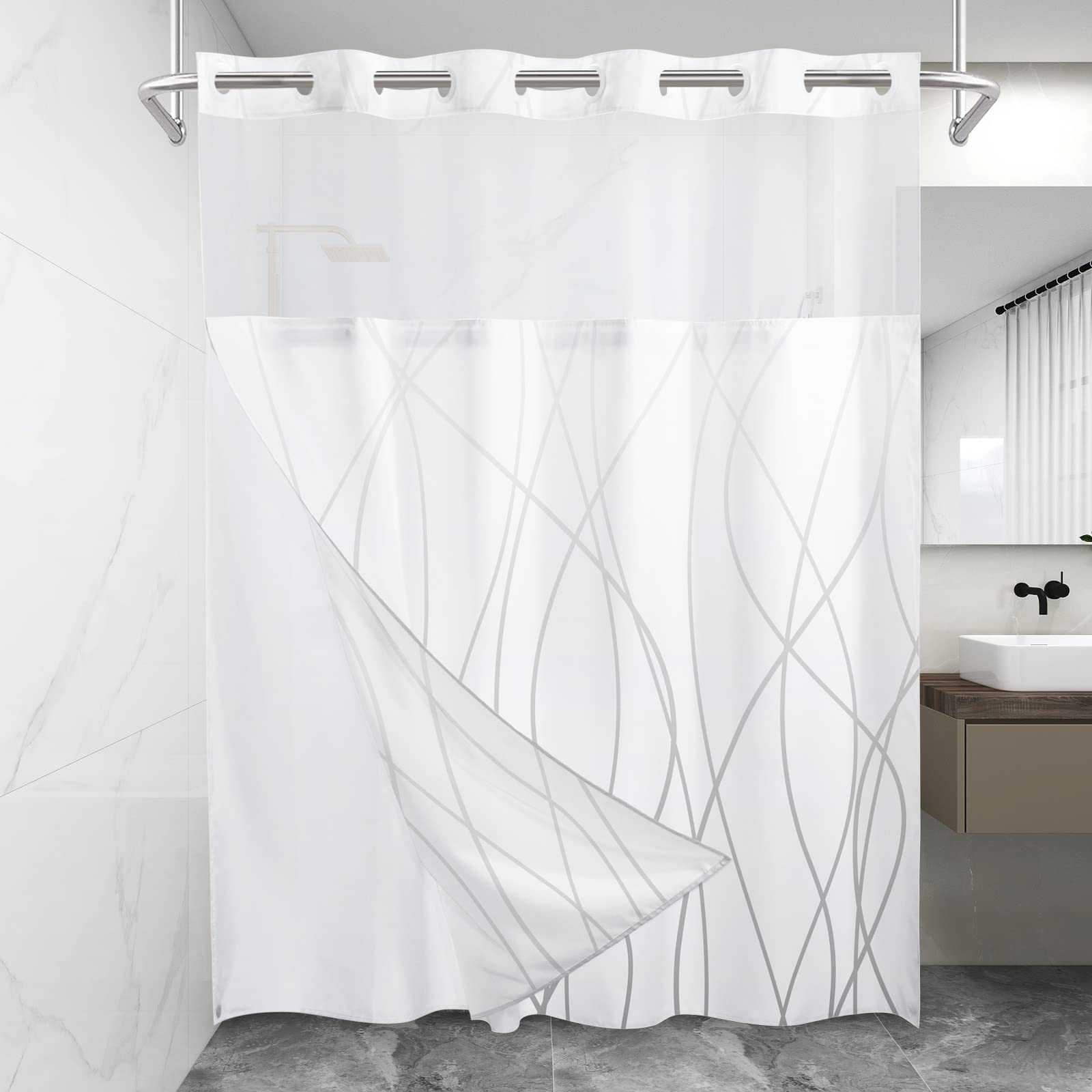LXBNI No Hook Ombre Grey White Striped Shower Curtain with Snap in Fabric Liner Set - Hotel Shower Curtain and Liner Set with Se