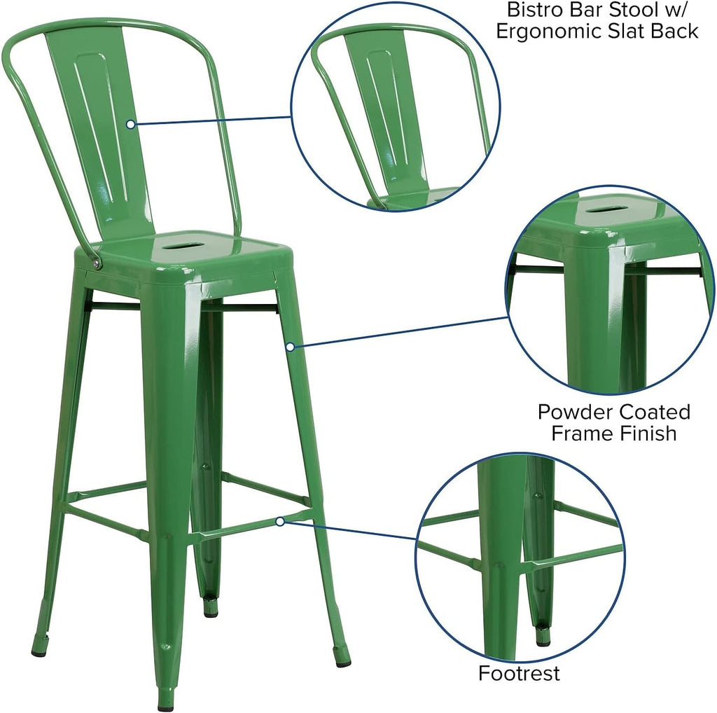 Commercial Grade 30 High Green Metal Indoor-Outdoor Barstool with Removable Back