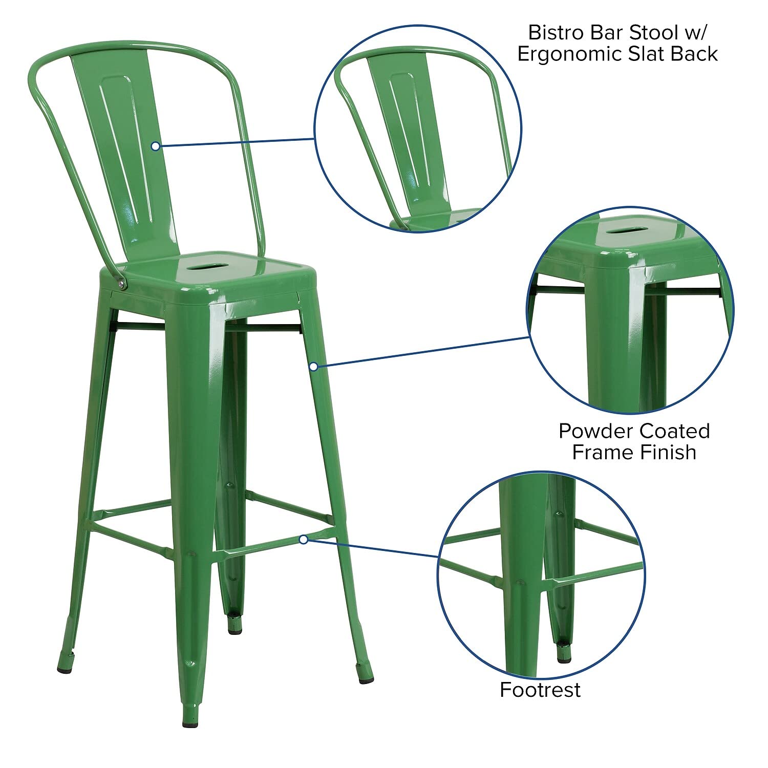 Flash Furniture Commercial Grade 30' High Green Metal Indoor-Outdoor Barstool With Removable Back